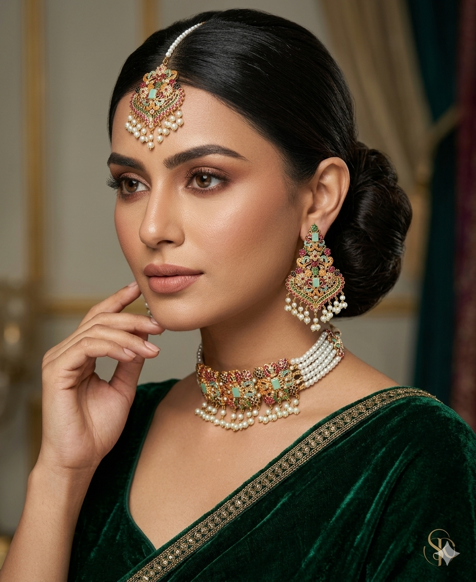 Traditional Wedding Choker Set with Earrings & Maang Tikka